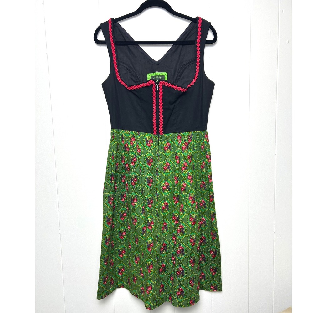 Vintage Salzburger Modell Dirndl Dress 100% Cotton Black Green Rose Austria‎